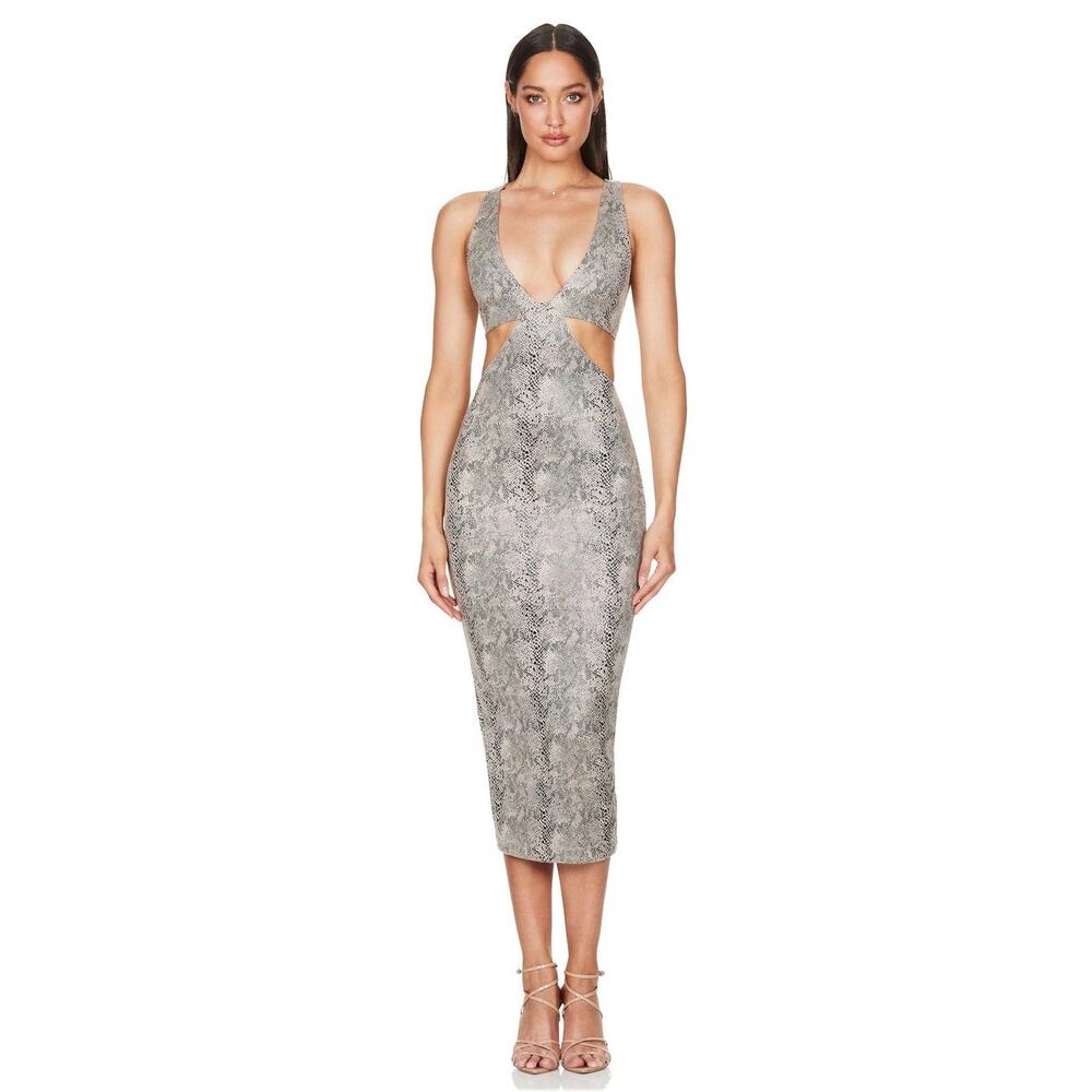 NWT Nookie Sz L Gigi Natural Snakeskin Print Plunge Neck Cut Out Midi Dress Sexy